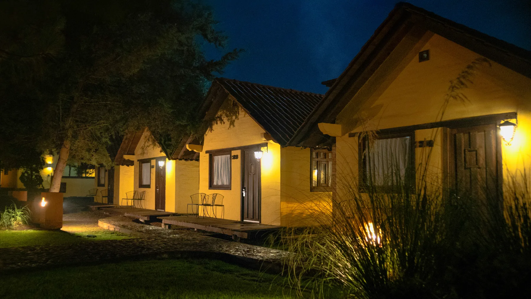 Cabañas iluminadas entre árboles al anochecer